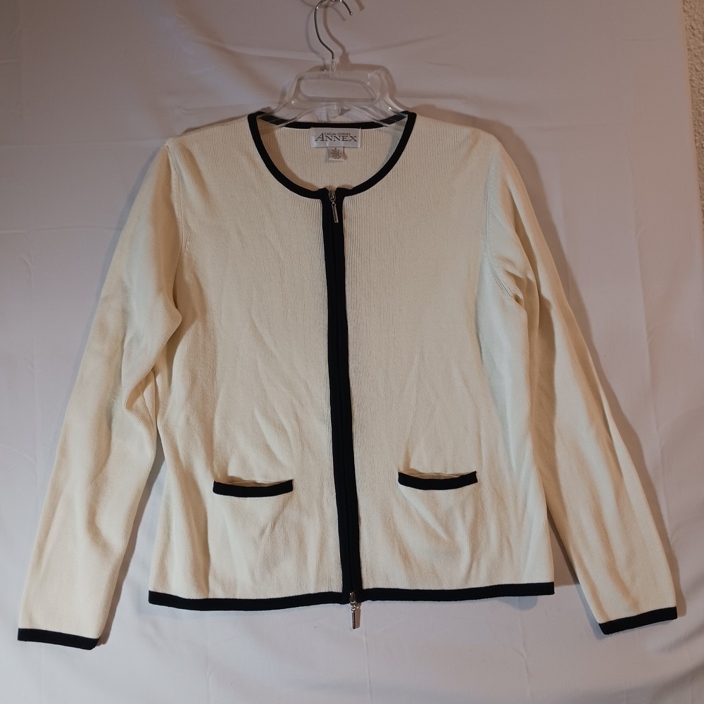 Casual Corner Annex Women's Zip Front Sweater Cream with Black trim Sz M